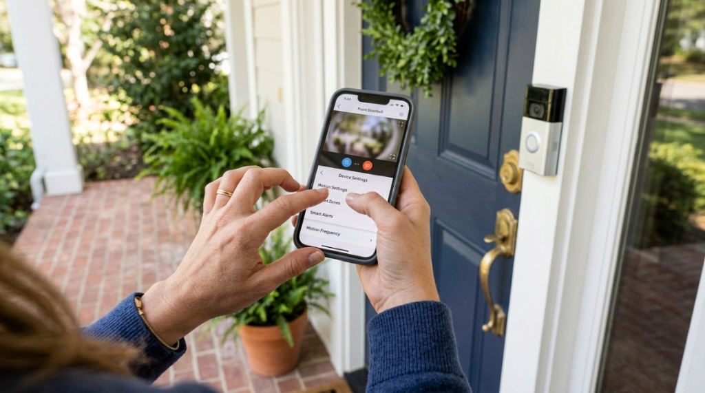 Modern Ring video doorbell mounted on front porch in Texas.