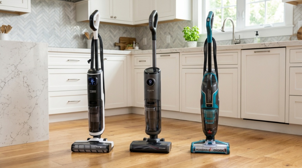 Tineco, Dreame, and Bissell wet dry vacuums standing in a modern kitchen.