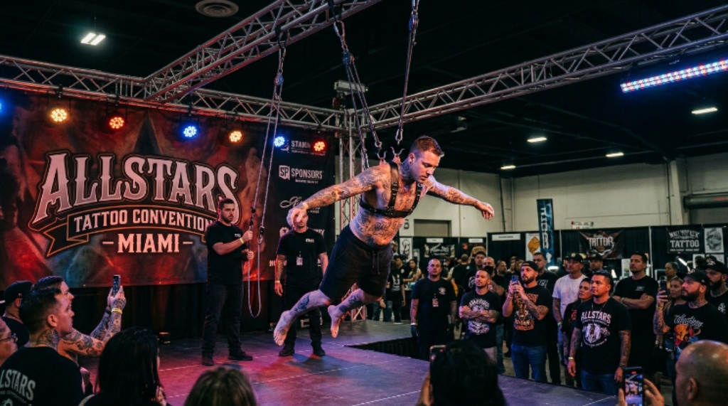Suspension show performer on stage at the Allstars Tattoo Convention at Miami Fairgrounds