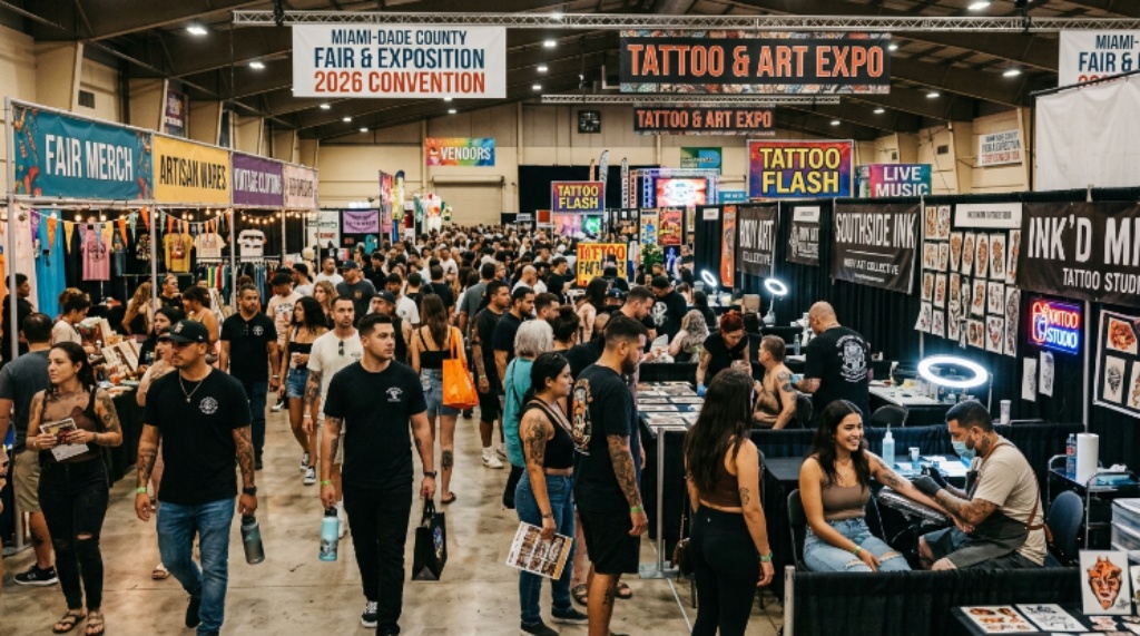 Crowd exploring vendor booths and tattoo art at Miami-Dade County Fair during the 2026 convention