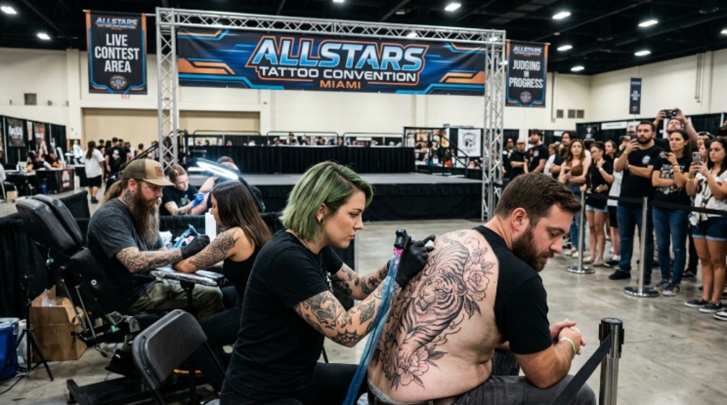 Tattoo artists competing in live contest at the Allstars Tattoo Convention 2026 in Miami