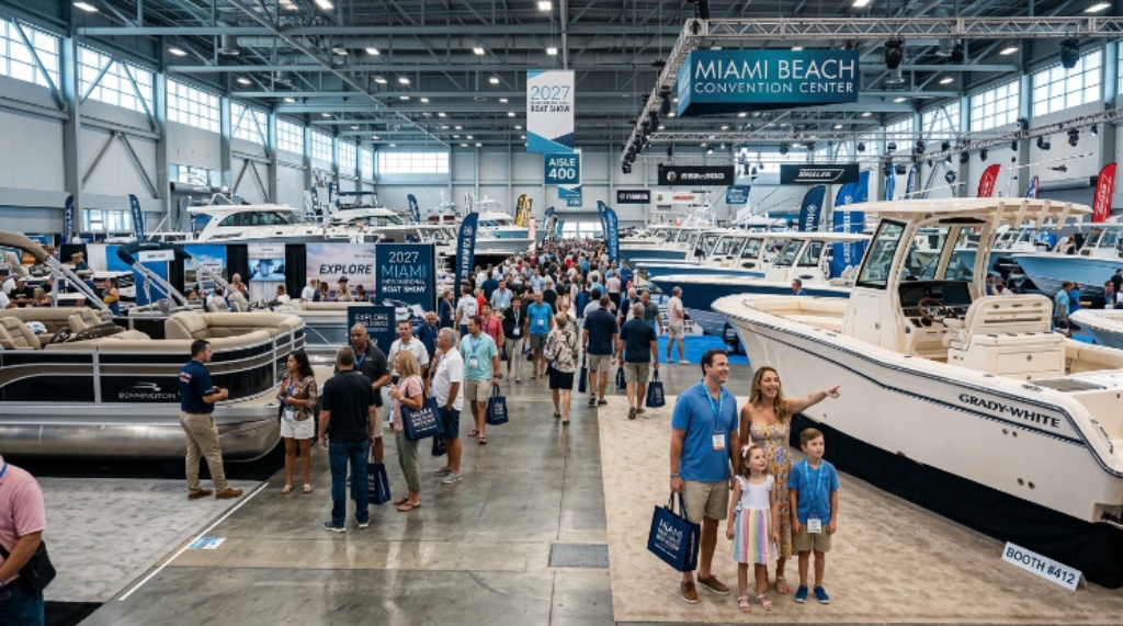 Families and boating enthusiasts browsing marine exhibits inside the Miami Beach Convention Center at the 2027 boat show