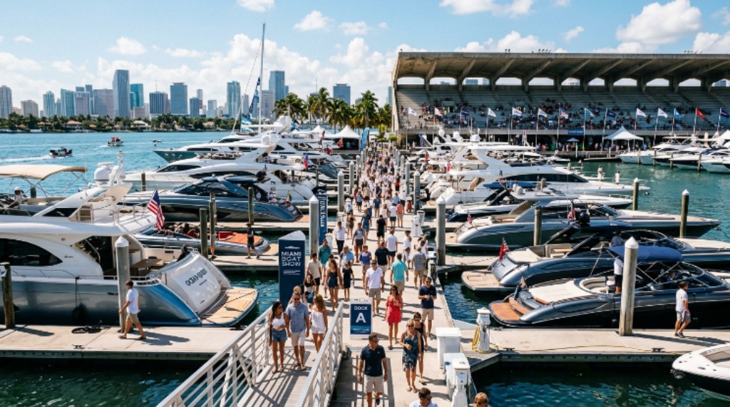 Visitors walking along floating docks exploring luxury yachts and speedboats at the Miami Marine Stadium