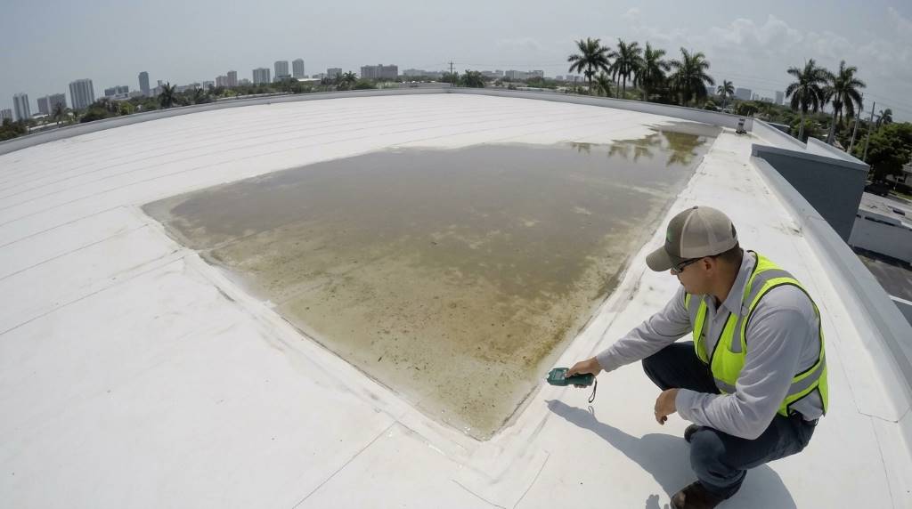Flat roof ponding after heavy rain in Miami