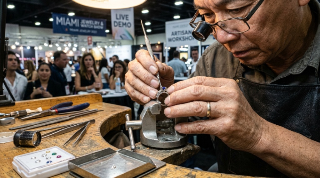 Close-up of an artisan hand-setting gemstones during a live demonstration at the Miami Jewelry and Watch Show