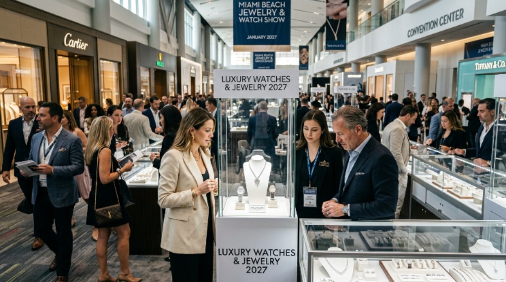 Visitors browsing fine watches and jewelry exhibits at the Miami Beach Convention Center in January 2027