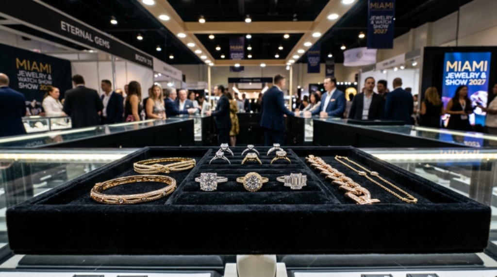 Luxury diamond rings and gold bracelets displayed on a velvet tray at the Miami Jewelry and Watch Show 2027
