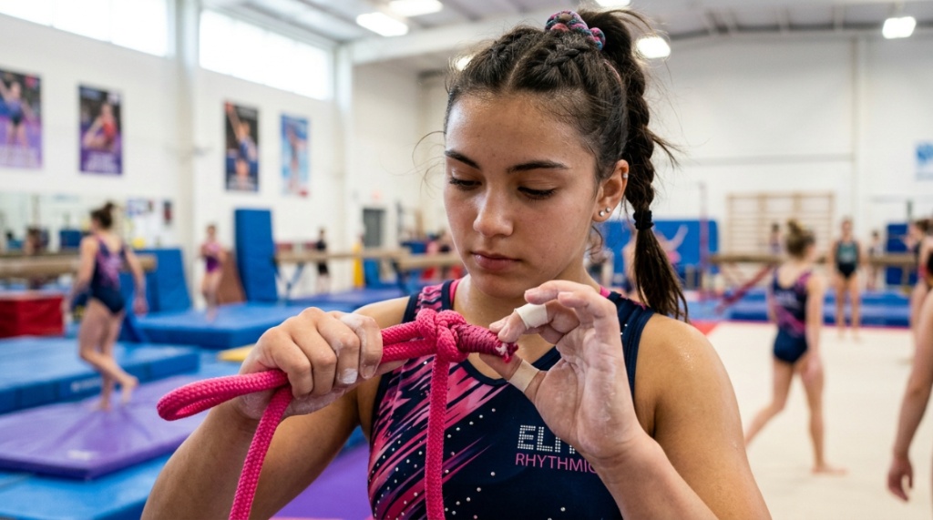 A colorful rhythmic gymnastics rope arranged in a spiral on a wooden floor.