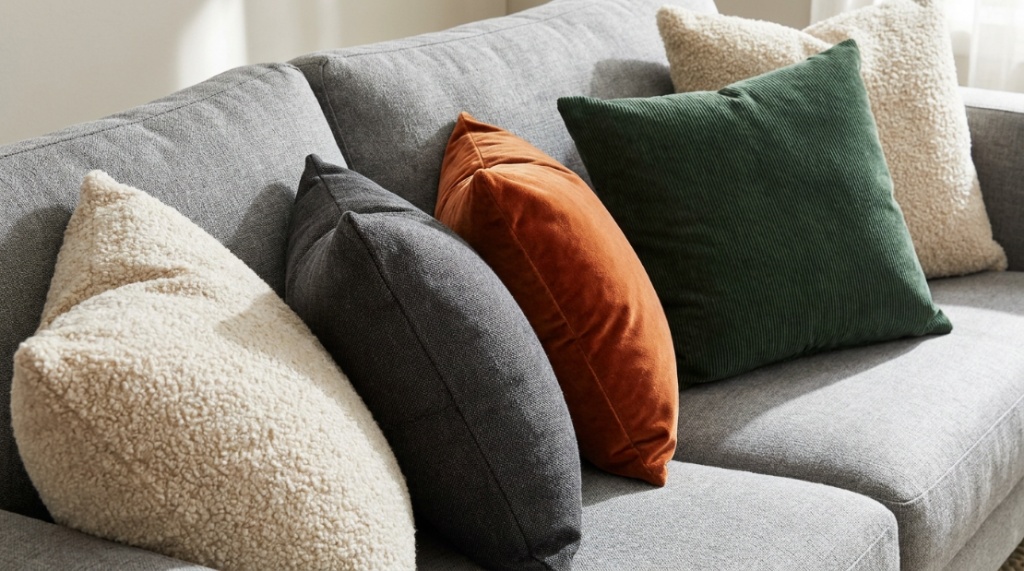 Fluffy throw pillows arranged on a modern living room sofa.