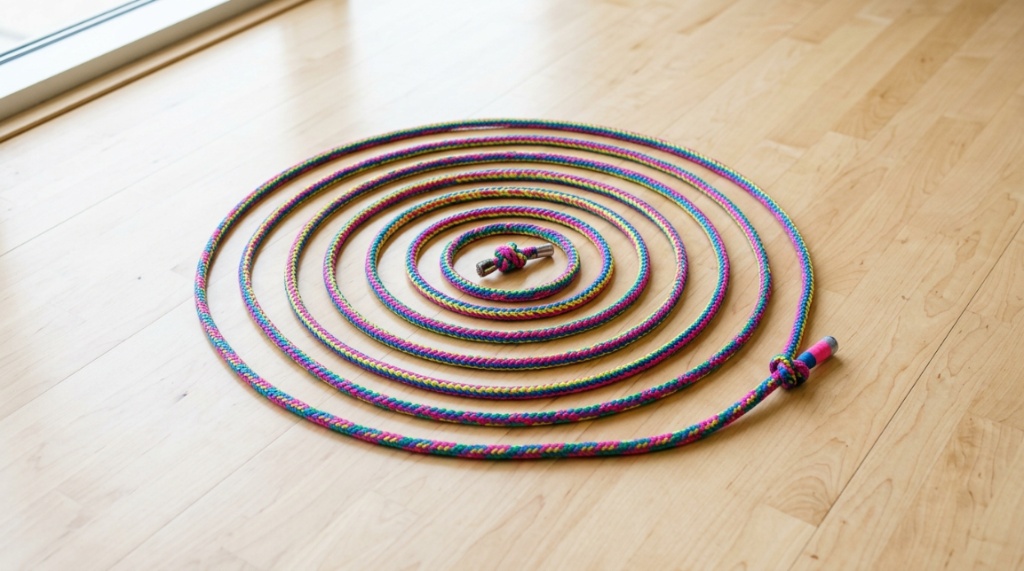 A gymnast inspecting the material and thickness of a bright training rope.