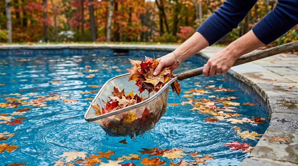 Person skimming autumn leaves from a swimming pool.