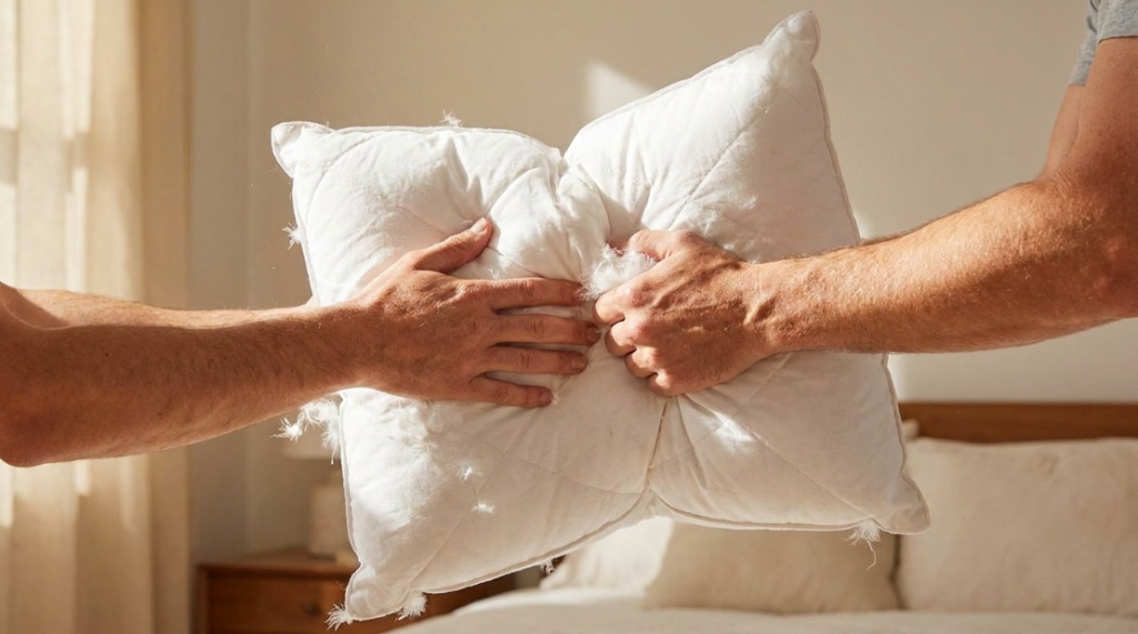 Hands fluffing a high-volume white couch pillow insert.