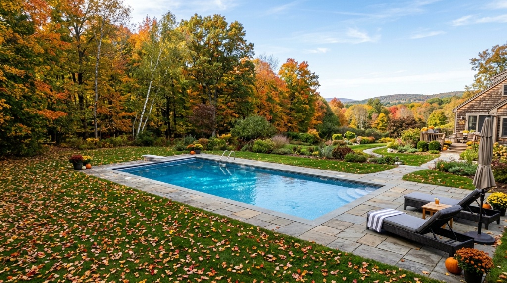 Backyard swimming pool surrounded by colorful autumn leaves.