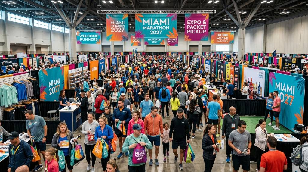 Crowd of athletes and families exploring vendor booths at the Miami Marathon 2027 Expo