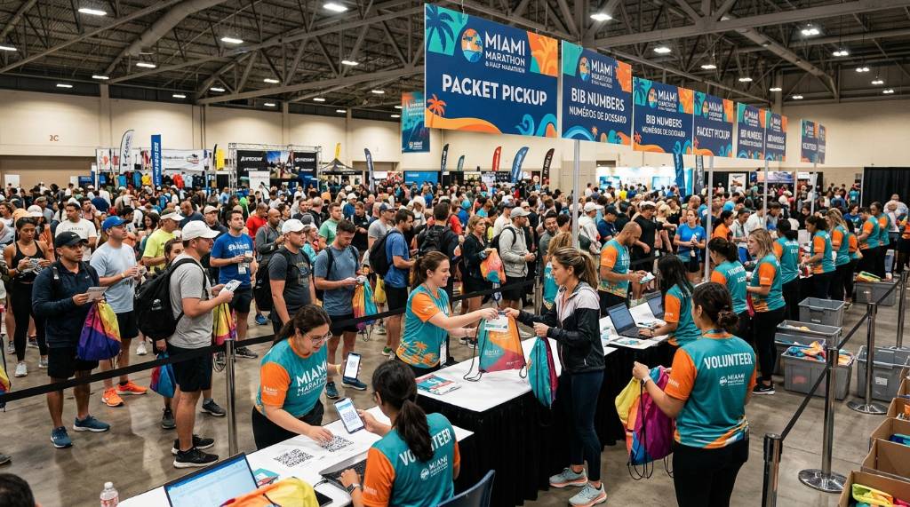 Runners collecting race packets at the Miami Marathon Expo inside Miami Beach Convention Center