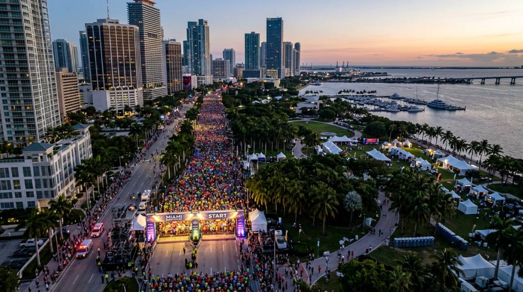 Aerial view of the Miami Marathon start line at Bayfront Park on race day