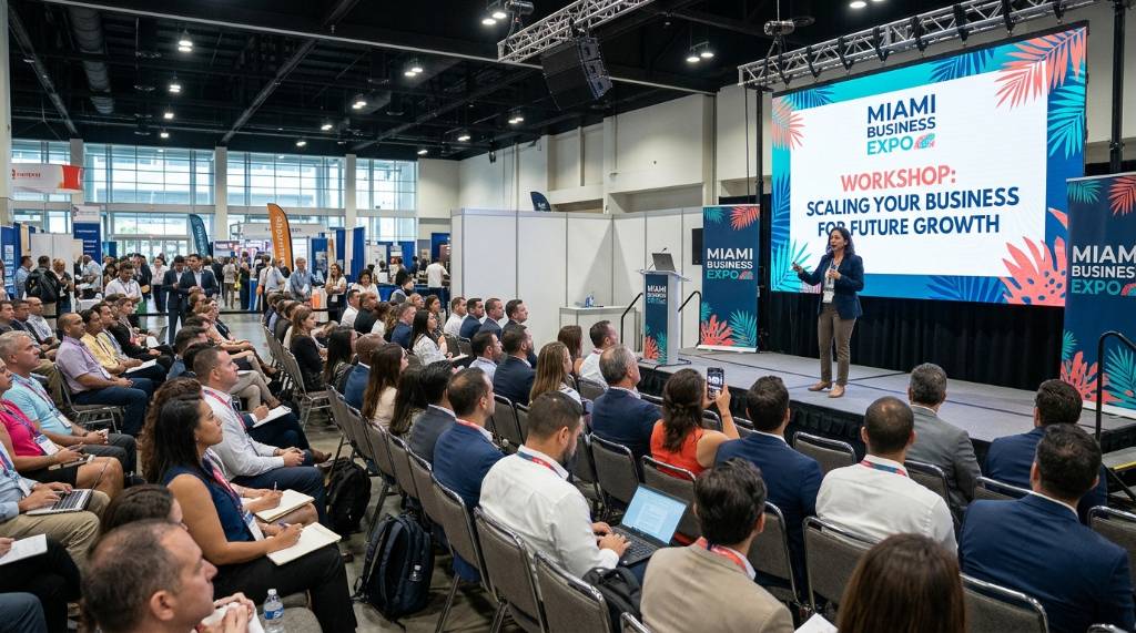 Speaker presenting a workshop to a seated audience at a Miami business expo