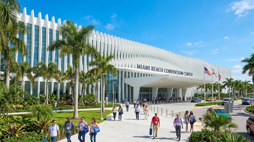Exterior view of the Miami Beach Convention Center on a sunny day